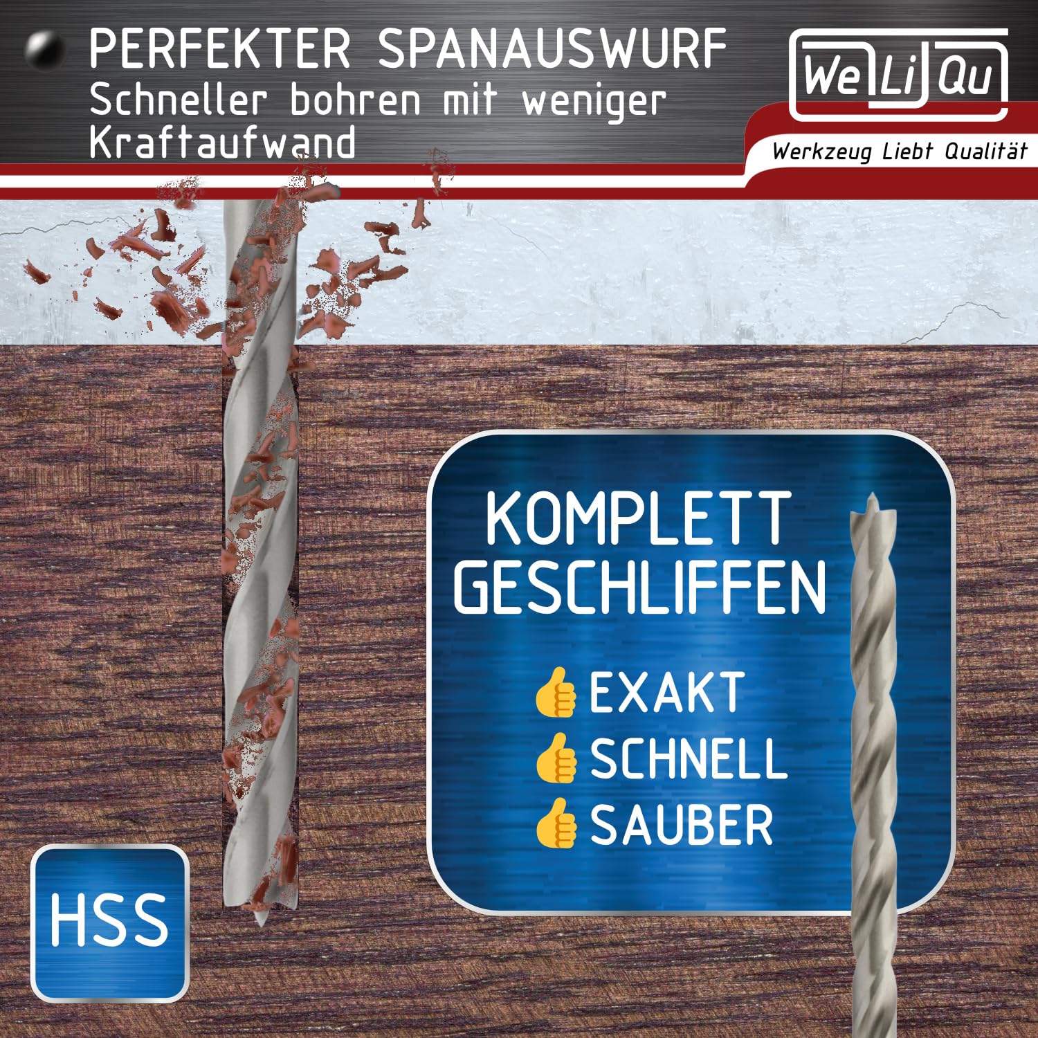 WELIQU Holzbohrer Set 7-teilig, 240 mm lange Balkenbohrer 4,5,6,7,8,10,12 mm