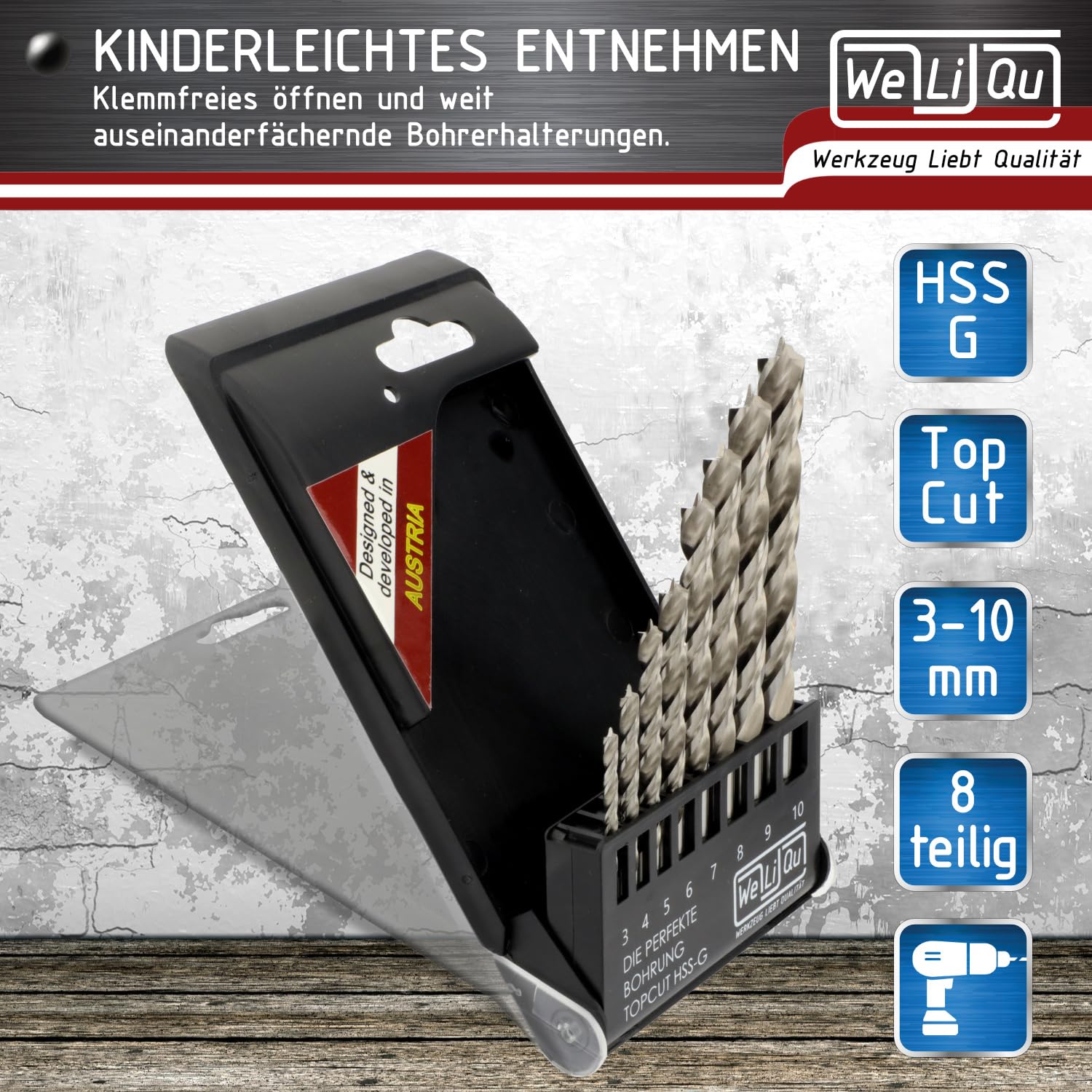 WELIQU 8-tlg. HSS-G Holzbohrer-Set 3-10 mm