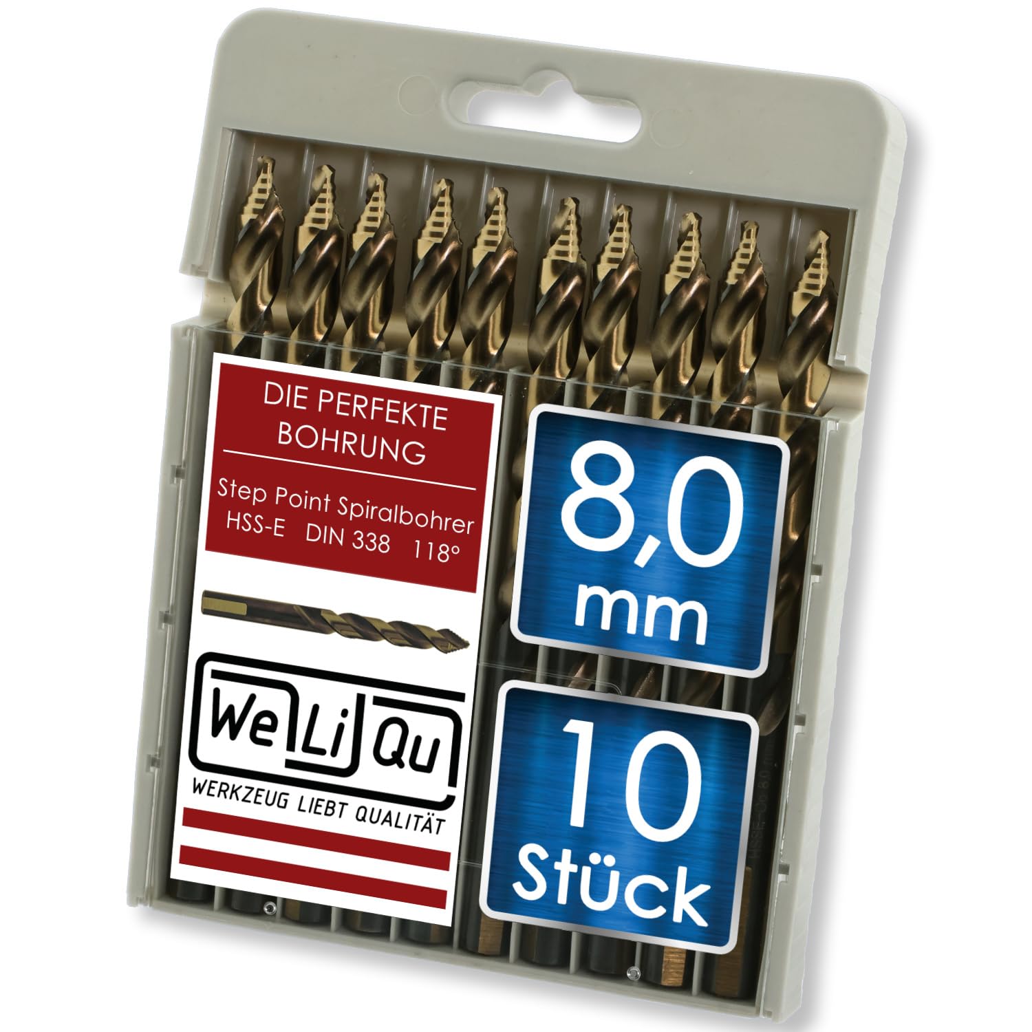 WELIQU 10 Stück HSS-E Kobalt Step Point Spiralbohrer Ø 8,0 mm
