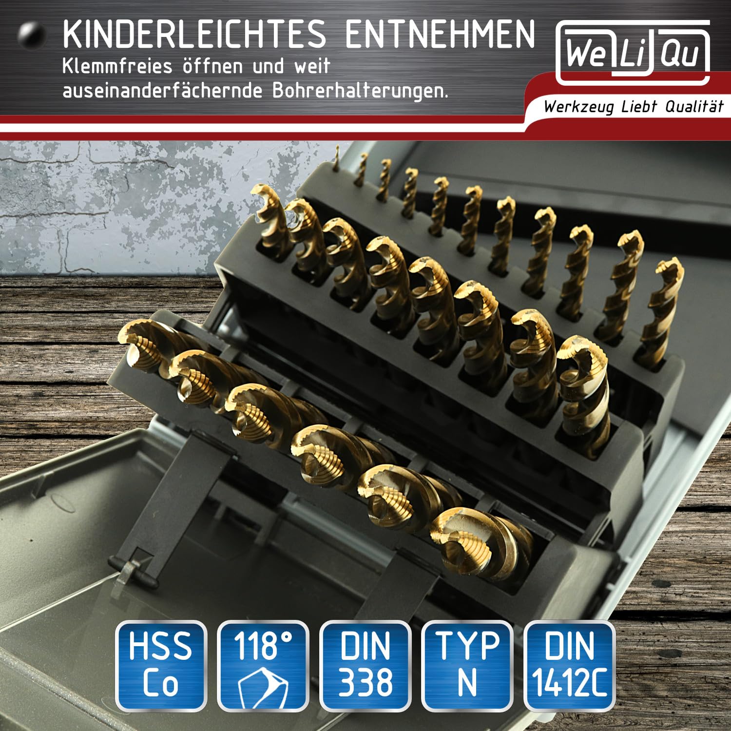 WELIQU HSS-Co Step Point Spiralbohrer Set 25-teilig 1-13mm x 0,5mm