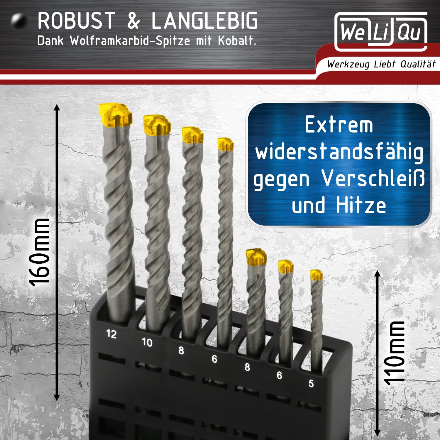 WELIQU TopCut SDS-PLUS X Hammerbohrer Set für Stahlbeton, 7-teilig, Ø 5-12 mm