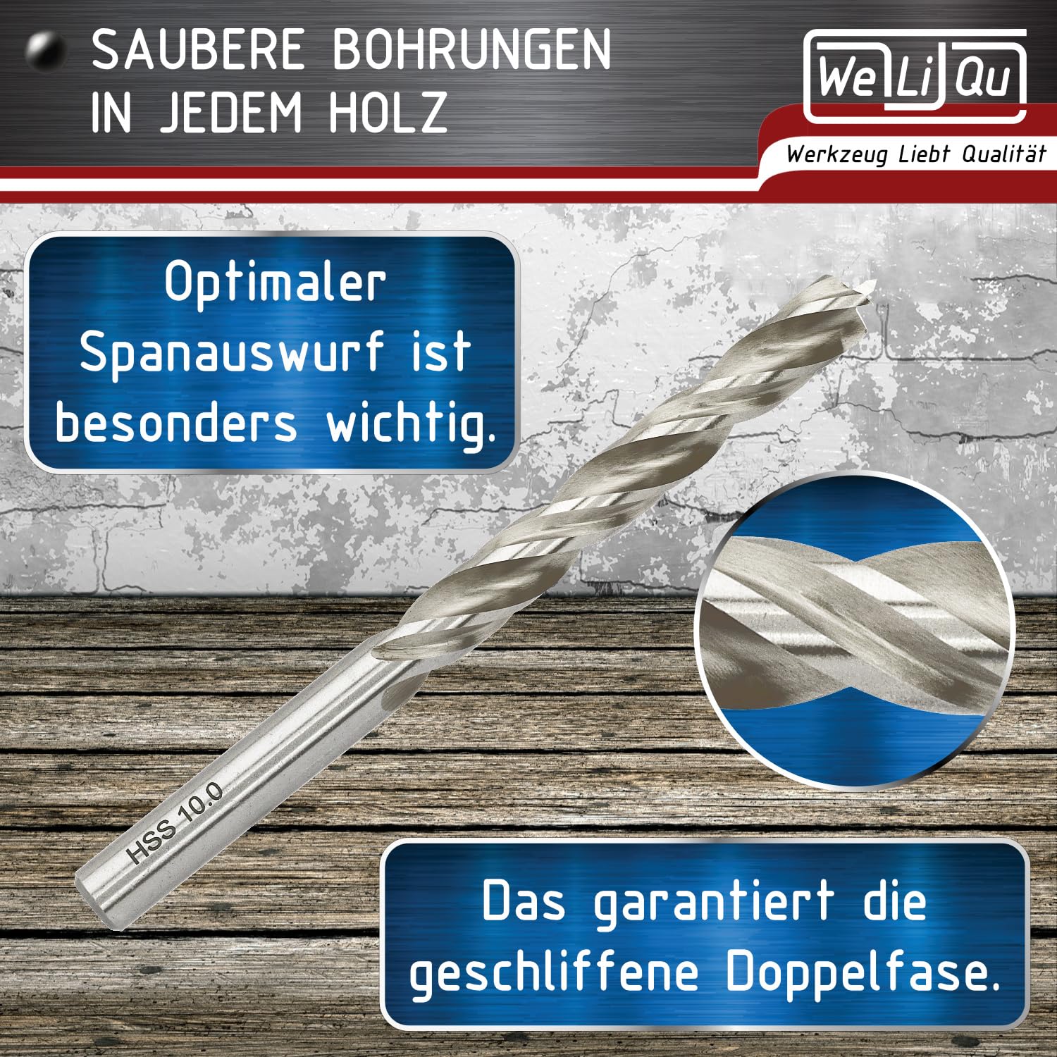 WELIQU 8-tlg. HSS-G Holzbohrer-Set 3-10 mm