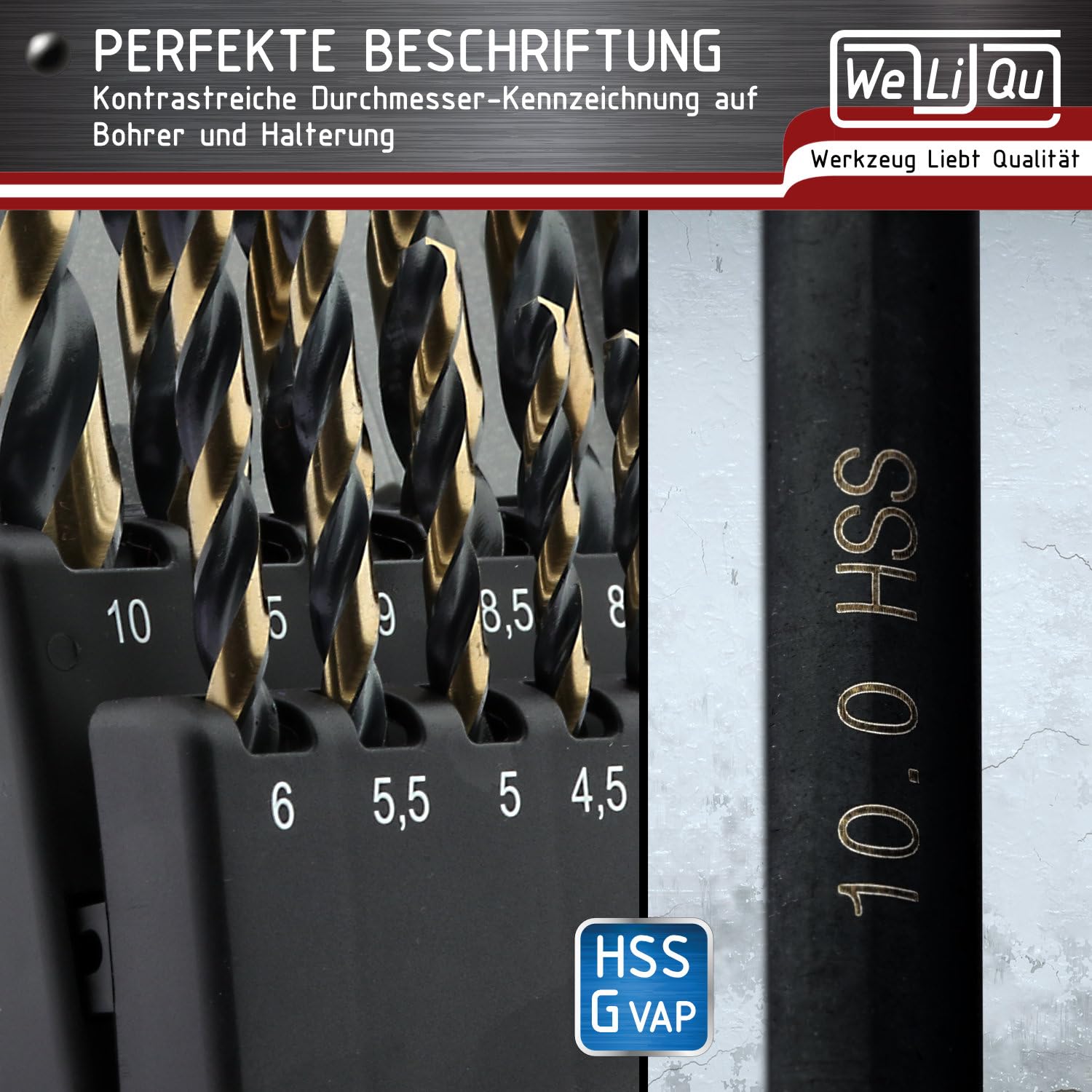 WELIQU Metallbohrer-Set HSS-G+ Vaporisiert, 19-teilig, 1-10mm