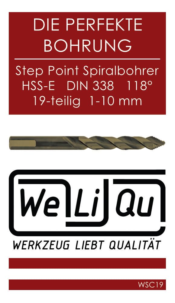 WELIQU HSS-Co Step Point Spiralbohrer Set 19-teilig 1-10mm x 0,5mm
