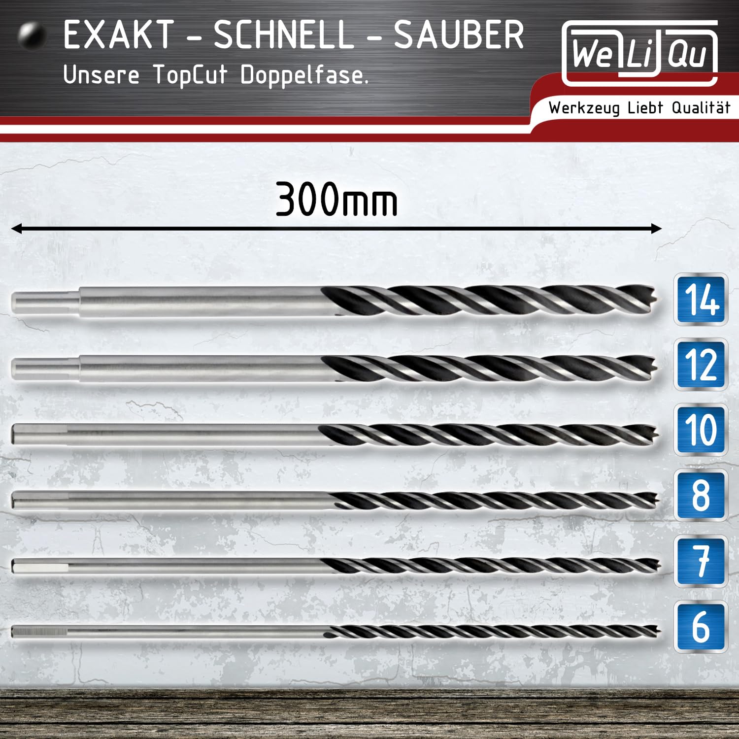 WELIQU Holzbohrer Set 6-teilig, 300 mm lange Balkenbohrer 6,7,8,10,12,14 mm