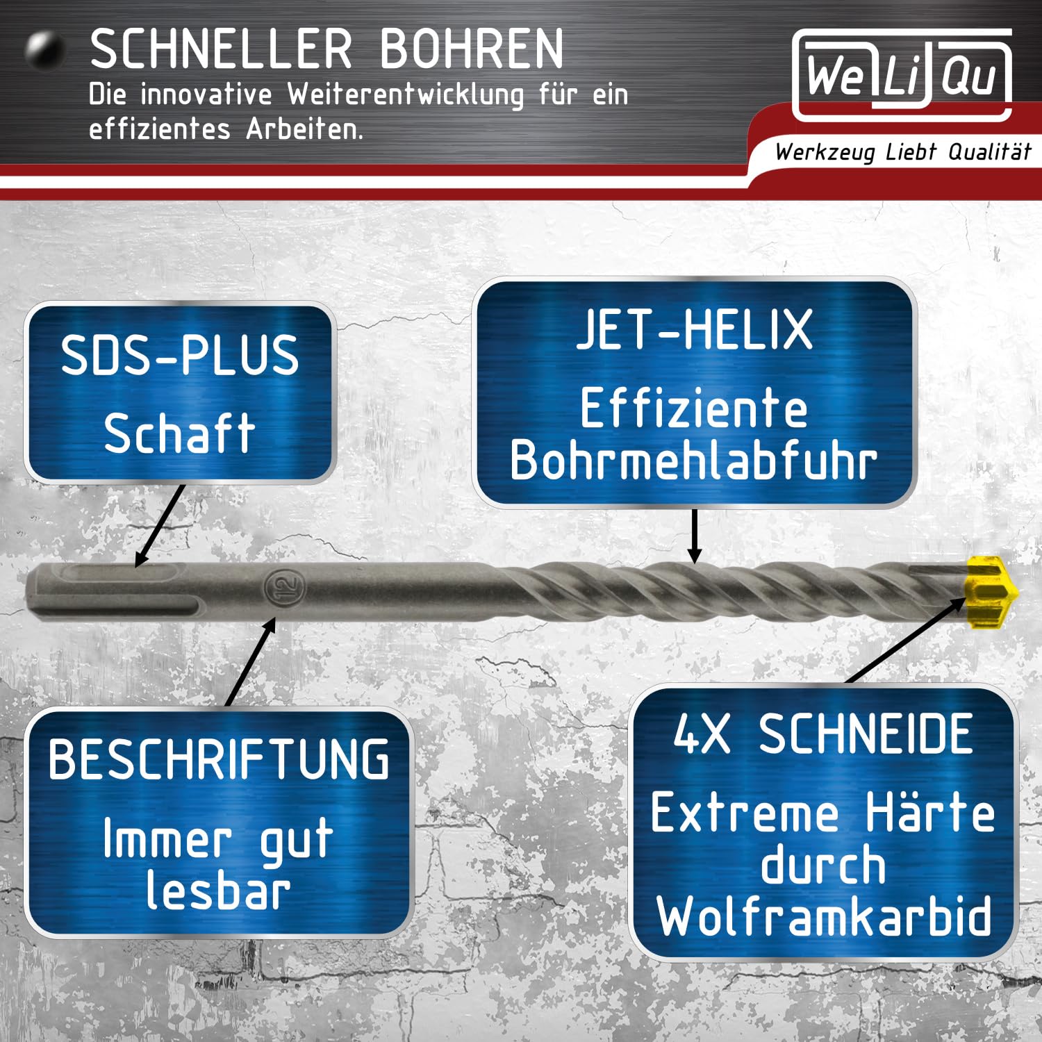 WELIQU TopCut SDS-PLUS X Hammerbohrer Set für Stahlbeton, 7-teilig, Ø 5-12 mm