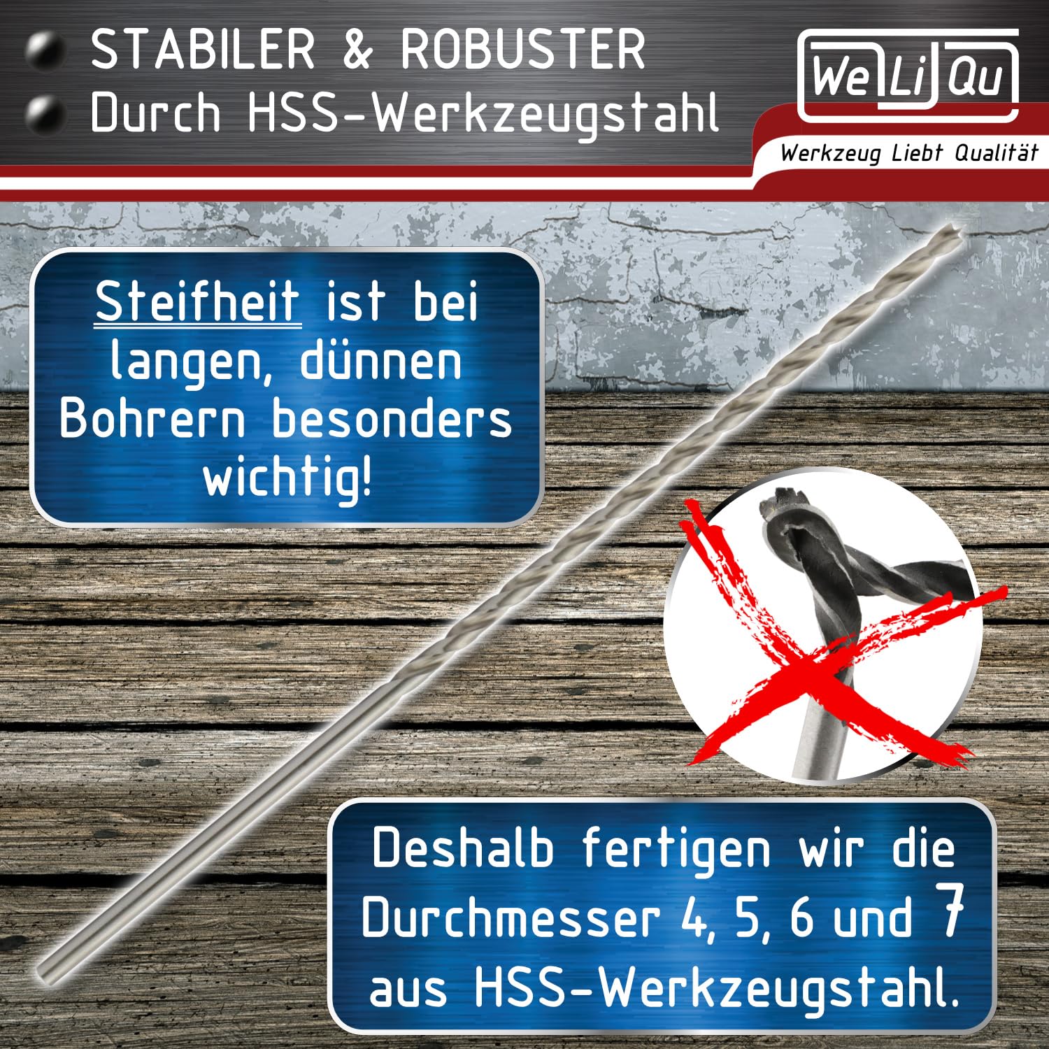WELIQU Holzbohrer Set 7-teilig, 240 mm lange Balkenbohrer 4,5,6,7,8,10,12 mm