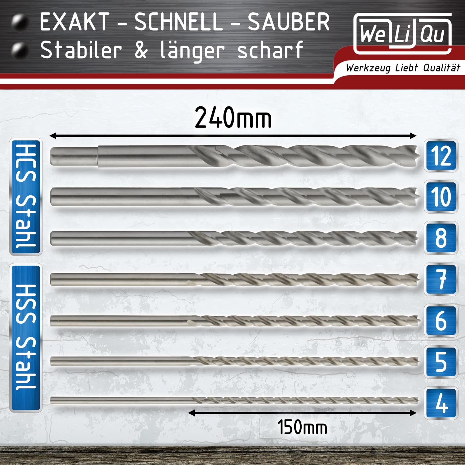 WELIQU Holzbohrer Set 7-teilig, 240 mm lange Balkenbohrer 4,5,6,7,8,10,12 mm