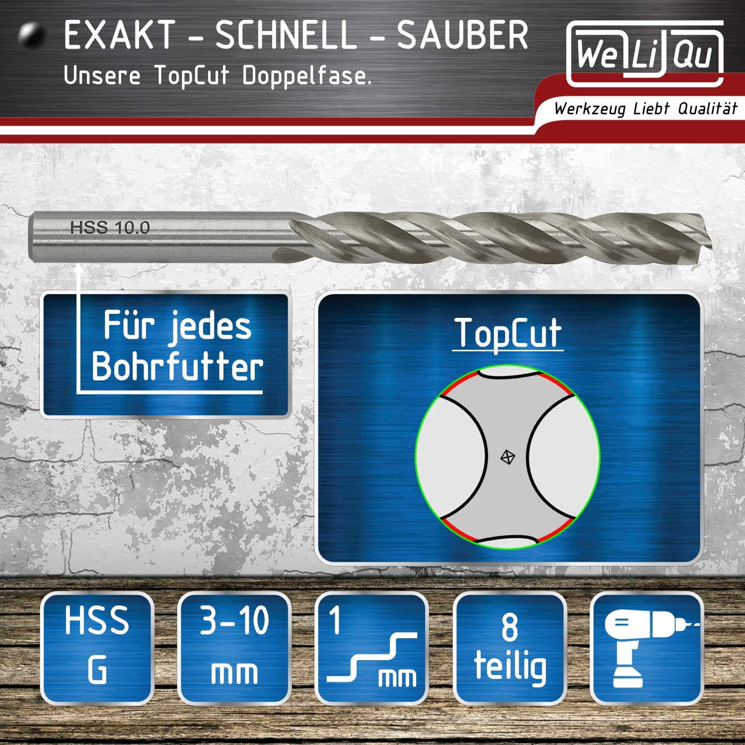 WELIQU 8-tlg. HSS-G Holzbohrer-Set 3-10 mm