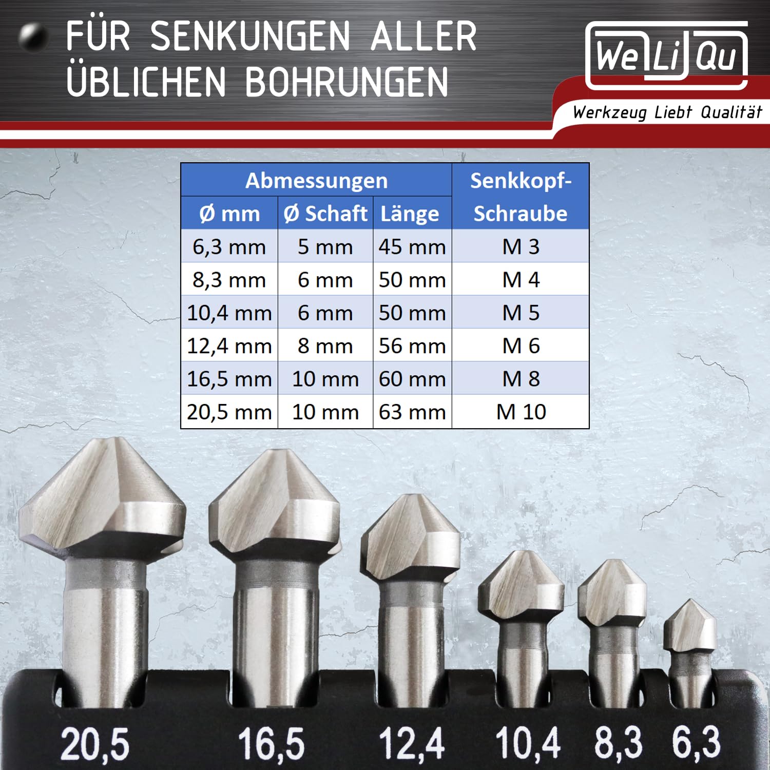 WELIQU Kegelsenker 90° Ø 6,3-20,5 mm aus HSS-G Stahl