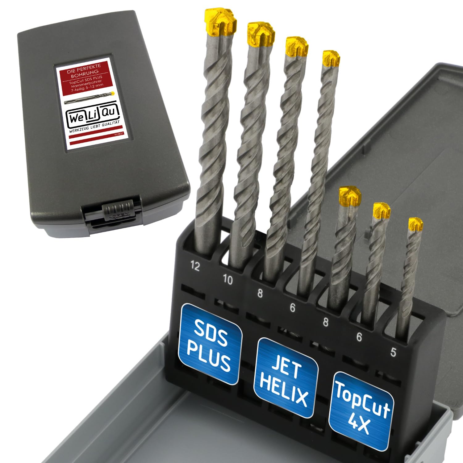 WELIQU TopCut SDS-PLUS X Hammerbohrer Set für Stahlbeton, 7-teilig, Ø 5-12 mm
