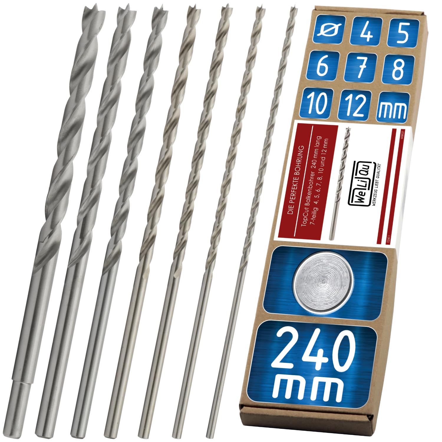 WELIQU Holzbohrer Set 7-teilig, 240 mm lange Balkenbohrer 4,5,6,7,8,10,12 mm